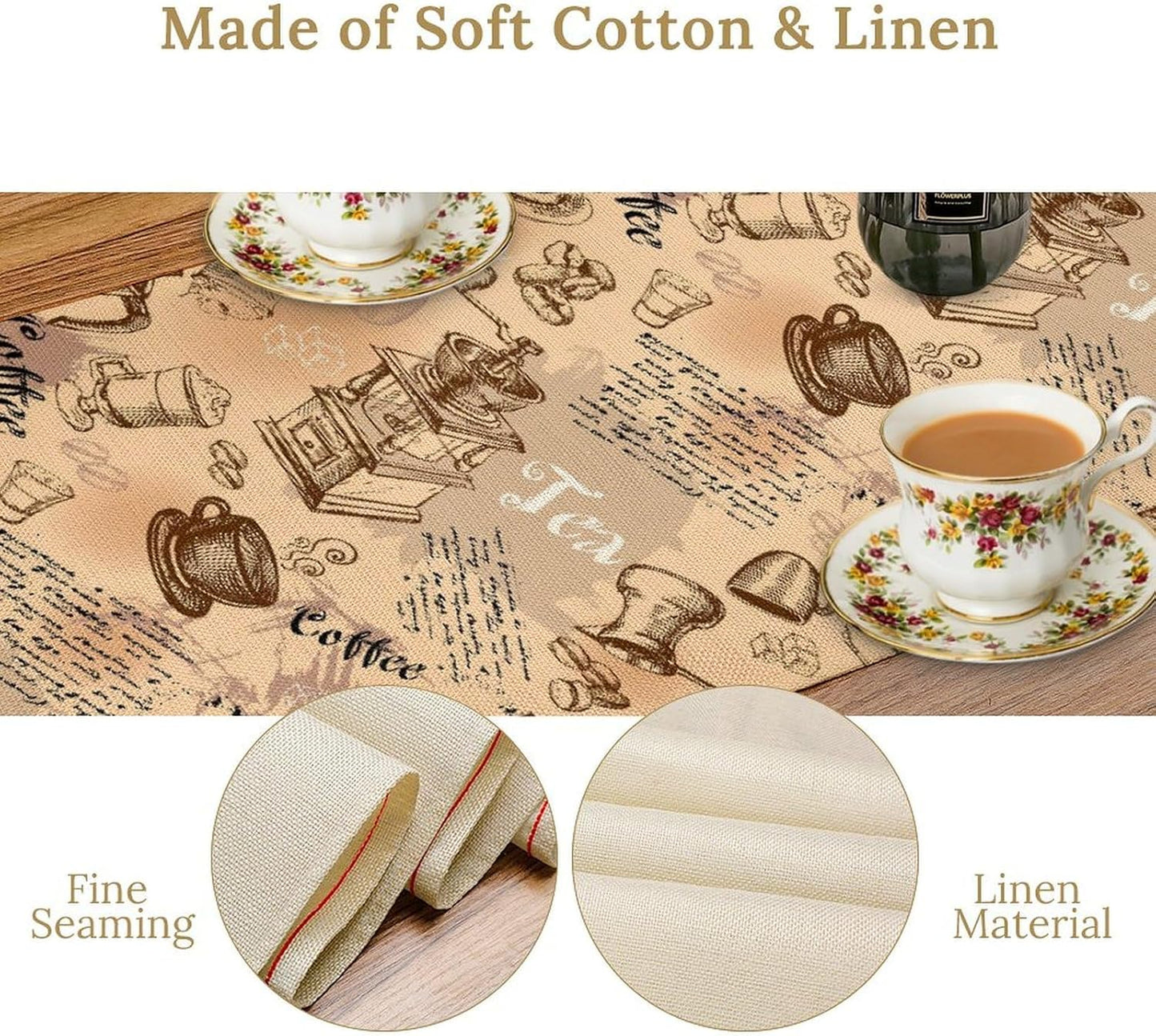 Coffee Theme Table Runner, Rustic Farmhouse Coffee Cup Tea Party Cafe Table Center Decor for Home Kitchen Dining Patio Holiday Party Indoor Outdoor Table Decorations,13"x90" Inch