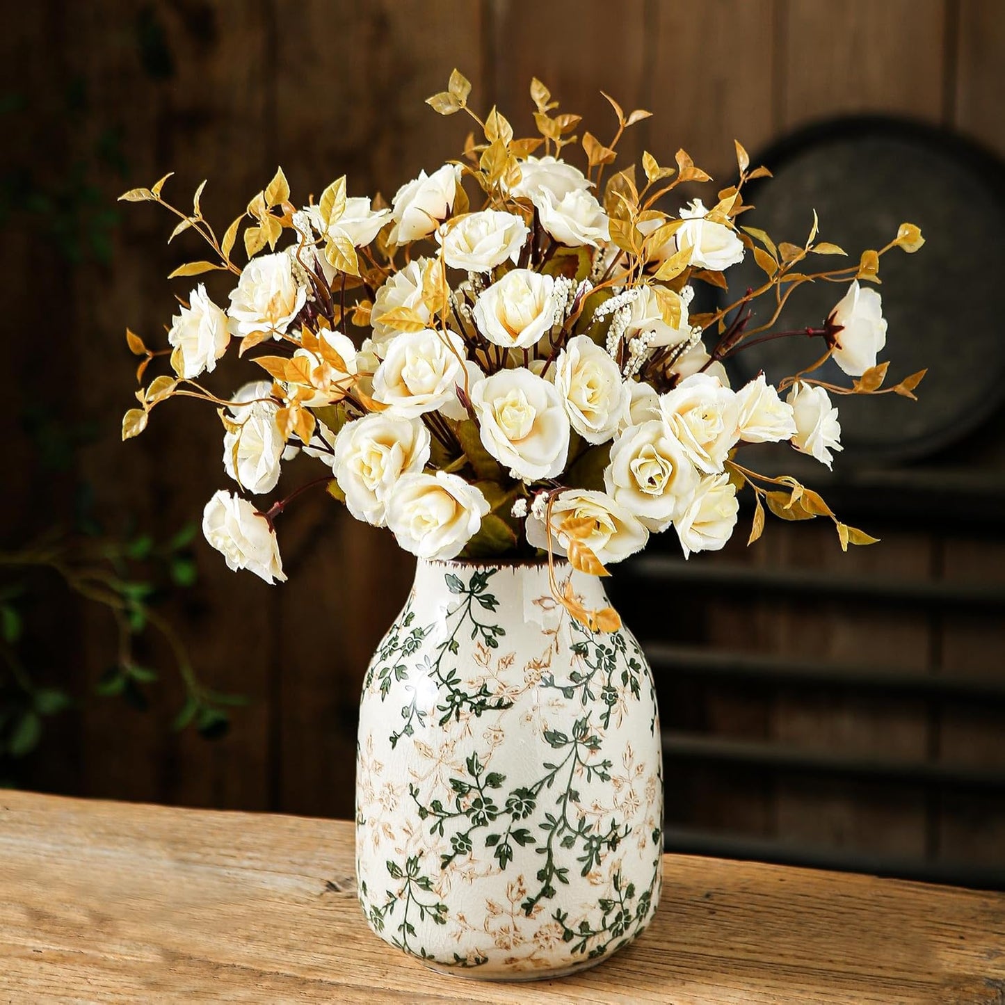 Green and Beige Vintage Vase, Chinoiserie Floral Vase, Rustic Ceramic Large Vases for Home Decors, Living Room, Bookshelf, Office, Grand Millennial Decor, Chinoiserie Decors, Tuscan Decor 7.8 Inch