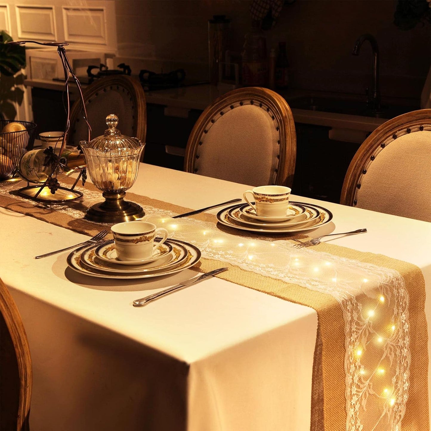 Xinnun 6 Pcs Burlap Table Runner with Lights 12 x 108 Inches Burlap Lace Table Runner Rustic Wedding Decorations Home Party (Vine)