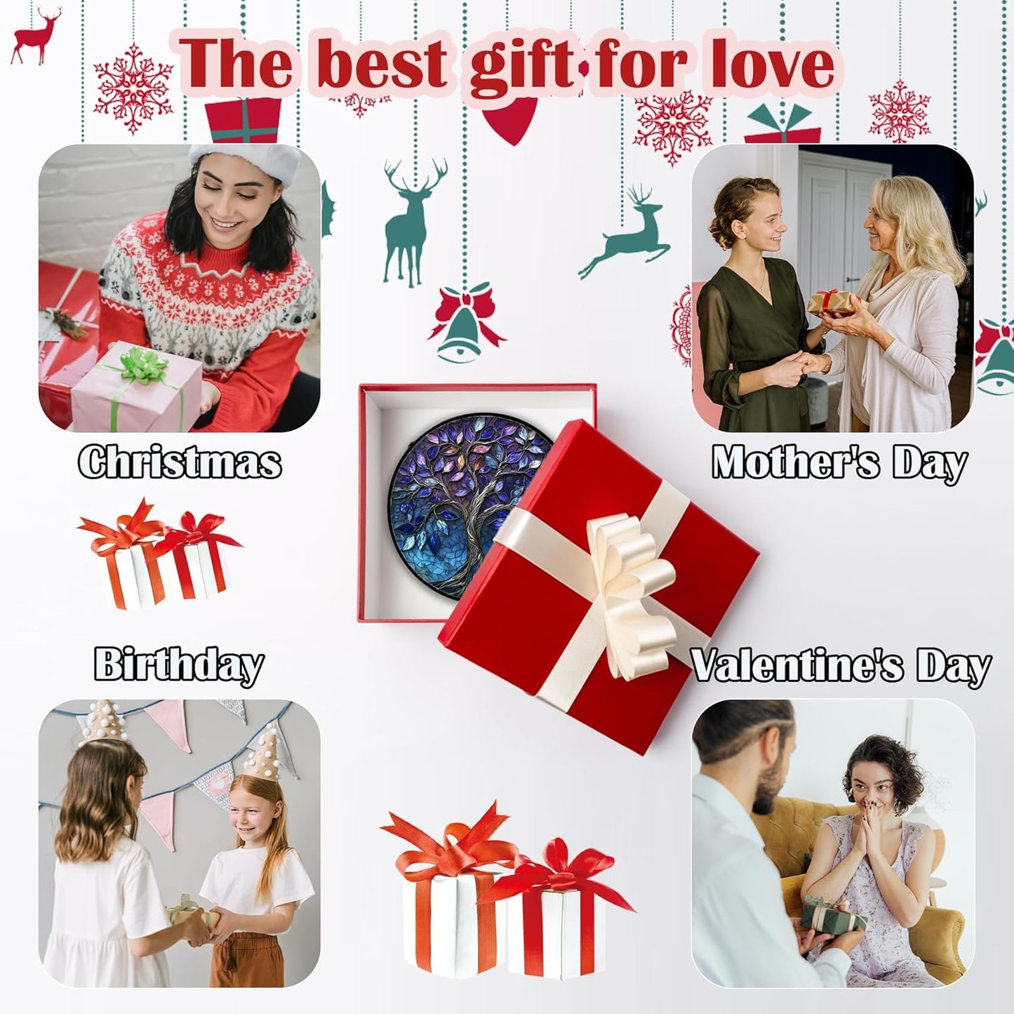 Stained Glass Window Hanging, Blue Purple Tree of Life Sun Catchers Colorful Glass Panel Plants Suncatcher Decor for Birthday for Women,Men,Wife, Lovers, and Mom 14.9x14.9 in