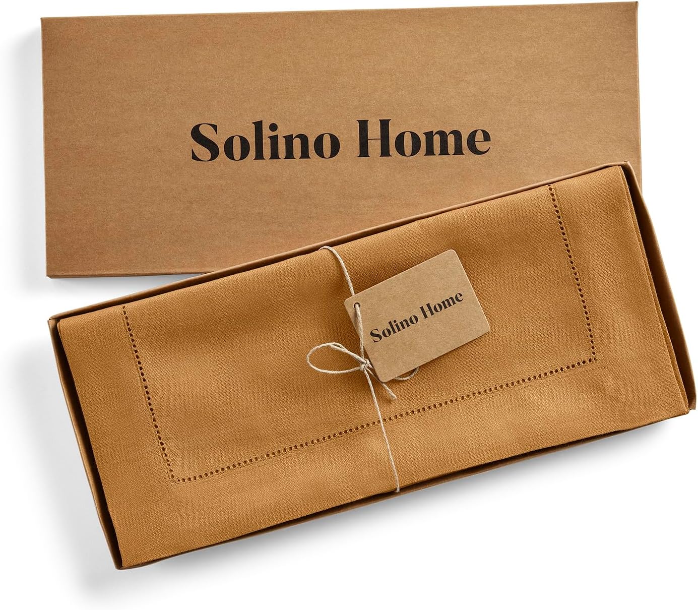 Solino Home Linen Brown Sugar Table Runner 120 Inches Long - 100% Pure Linen 14 x 120 Inch Table Runner for Fall, Autumn, Thanksgiving - Classic Hemstitch