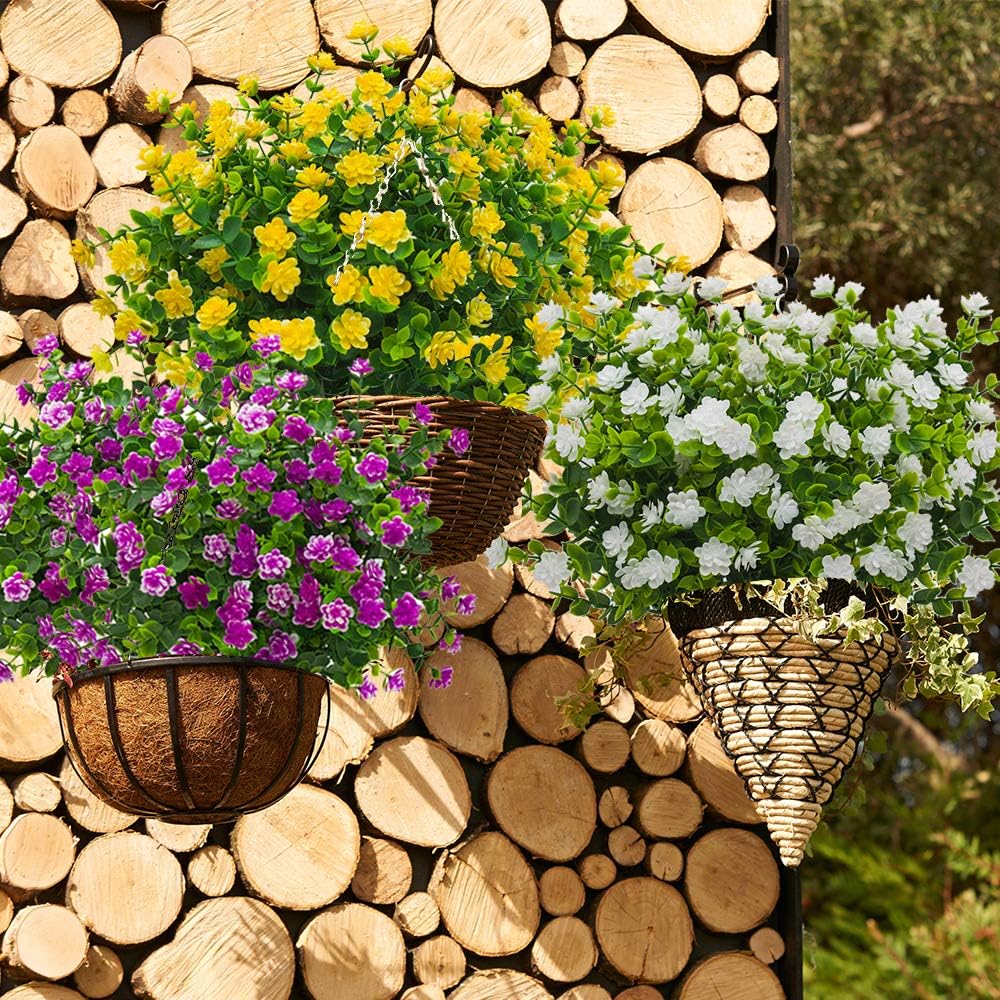 10 Bundles Artificial Fake Flowers, Faux Outdoor Plastic Plants UV Resistant Shrubs Outside Indoor Decorations (White-Eucalyptus)