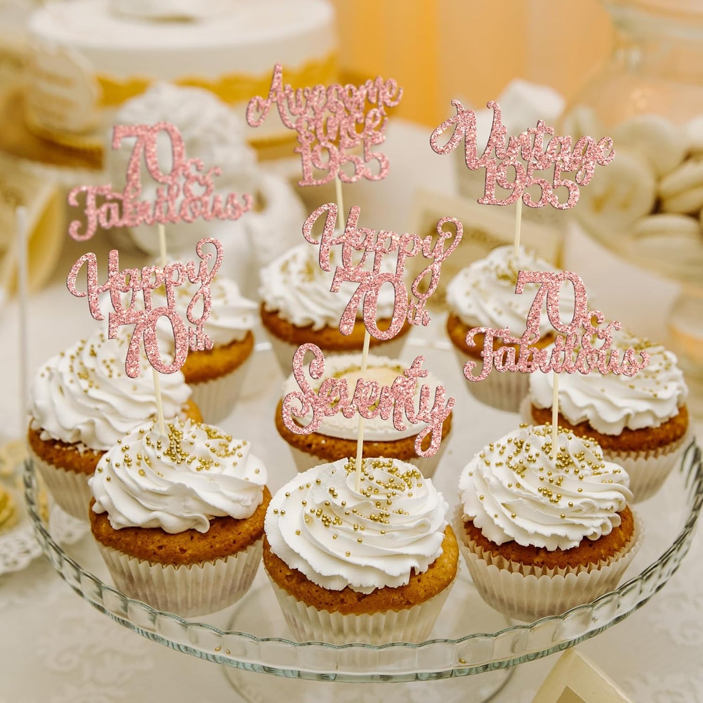 30Pcs Vintage 1955 Cupcake Toppers Glitter Seventy 70 Fabulous Happy 70th Birthday Cupcake Picks Cheers to 70 Years for 70th Birthday Anniversary Party Cake Decorations Supplies Rose Gold