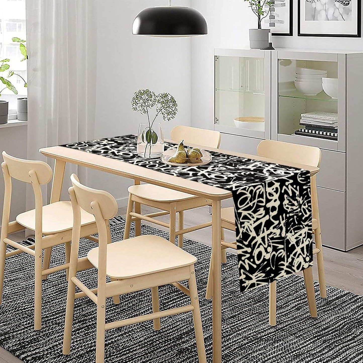 Graffiti Table Runner,Black White Abstract Messy Art Theme Pattern Print Tablecloth Burlap for Hotel Indoors Outdoor Dining Room Kitchen Home Decor,W13X L90 in