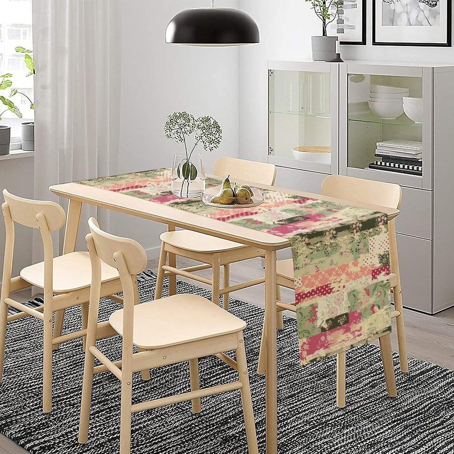 Patchwork Flower Table Runner,Abstract Colorful Floral Retro Style Hand Drawn Tablecloth Burlap for Hotel Indoors Outdoor Dining Room Kitchen Home Decor,W13X L90 in
