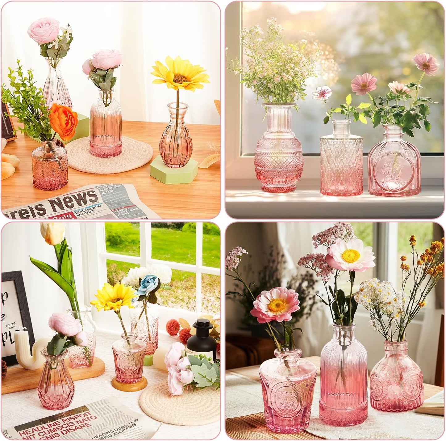Pink Glass Bud Vase Set of 30, Small Flower Vases in Bulk, Mini Vintage Vases for Centerpieces, Home, Parties, Wedding Table Decoration (30 Pack)