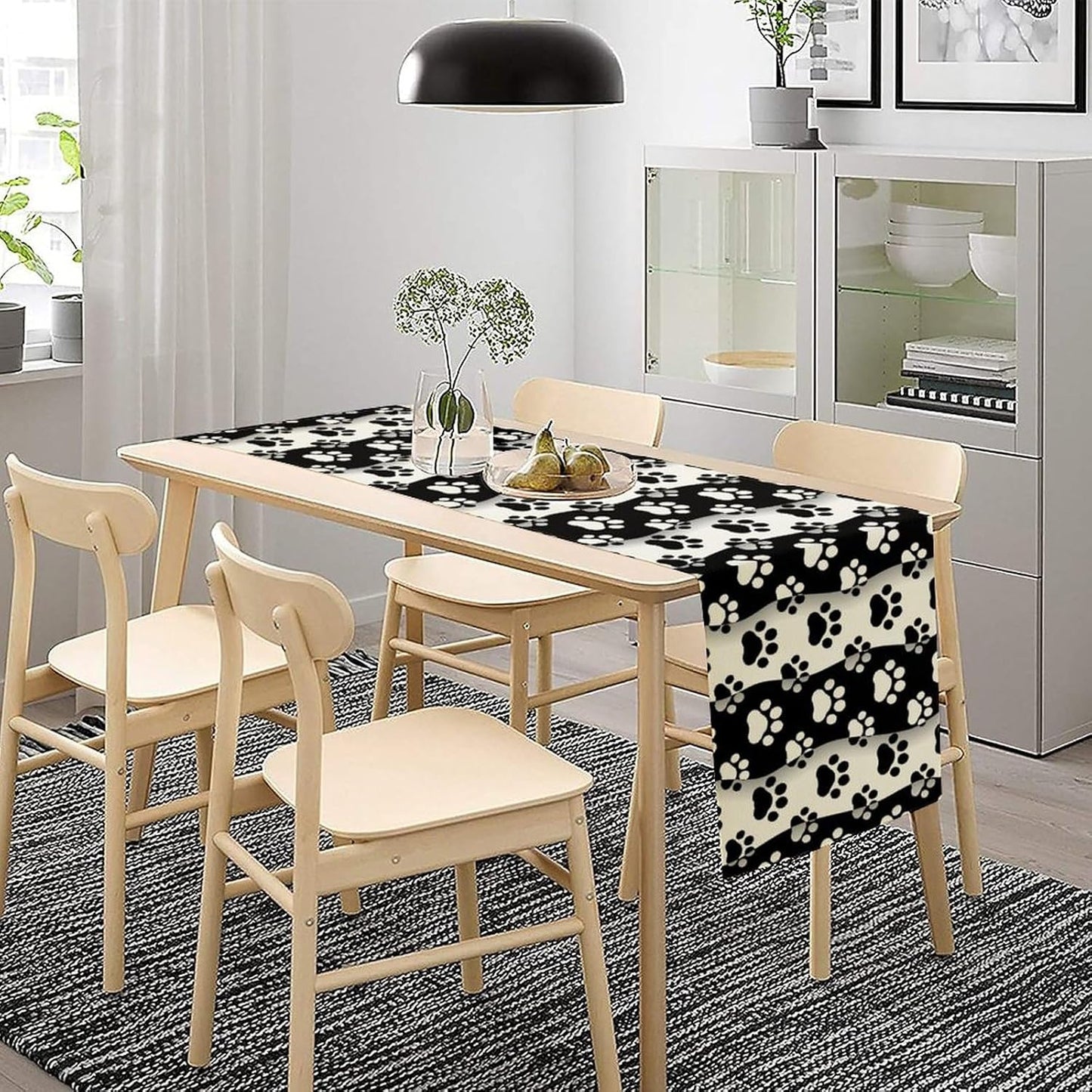 Dog Paw Table Runner,Kid Cute Animal Footprint Black White Theme Design Print Tablecloth Burlap for Hotel Indoors Outdoor Dining Room Kitchen Home Decor,W13X L36 in