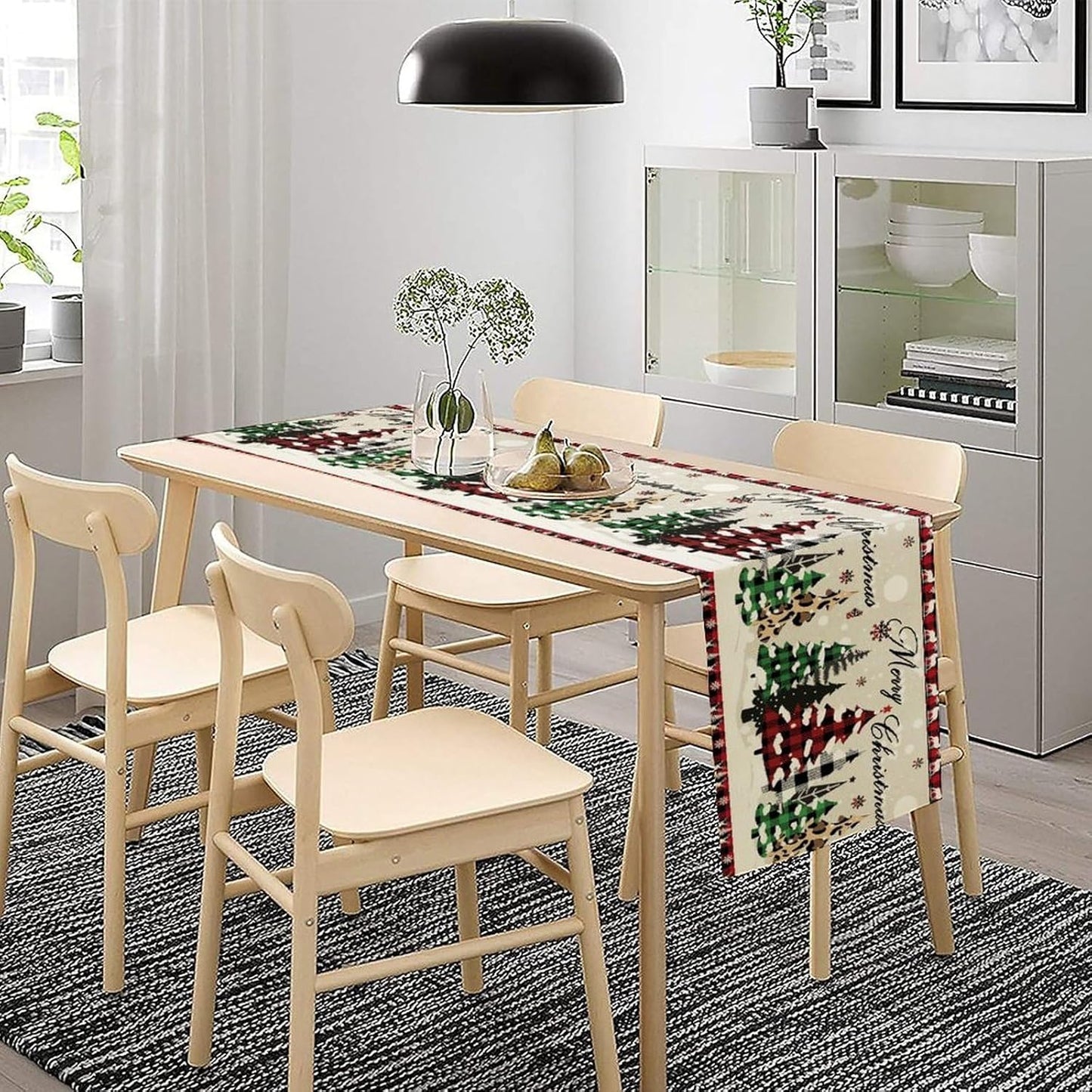 Christmas Tree Table Runner,Farmhouse Xmas Trees Buffalo Plaid Winter Snowflake Tablecloth Burlap for Hotel Indoors Outdoor Dining Room Kitchen Home Decor,W13X L90 in