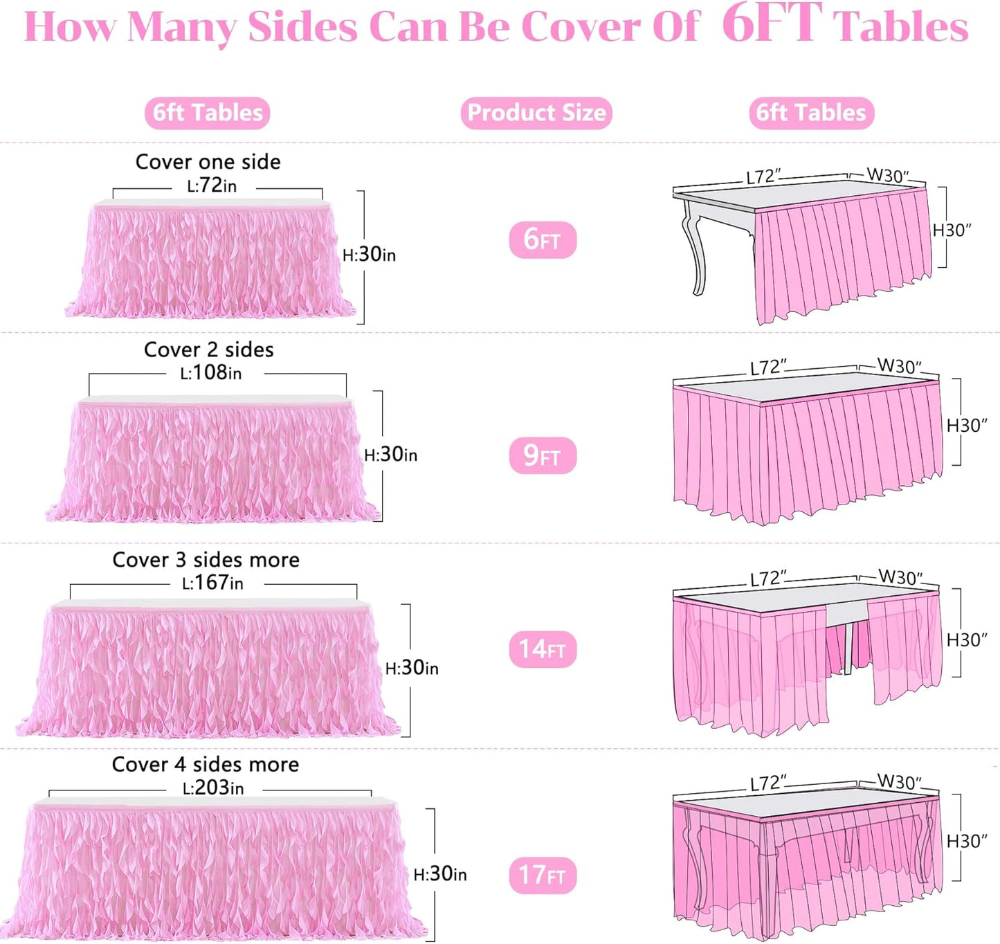 PARTISKY Pink Tulle Curly Willow Table Skirt for Rectangle Table 6ft, Ruffle Tutu Table Cloth for Girls Baby Shower,Birthday Party Candy Cake Tables