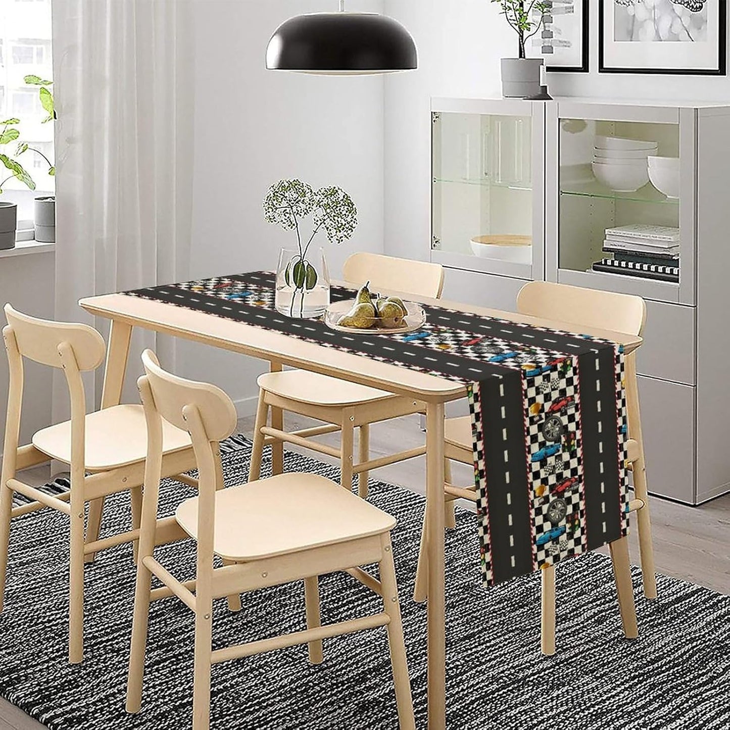 Race Car Table Runner,Checkered Flag Black and White Race Cars Pattern Print Tablecloth Burlap for Hotel Indoors Outdoor Dining Room Kitchen Home Decor,W13X L108 in
