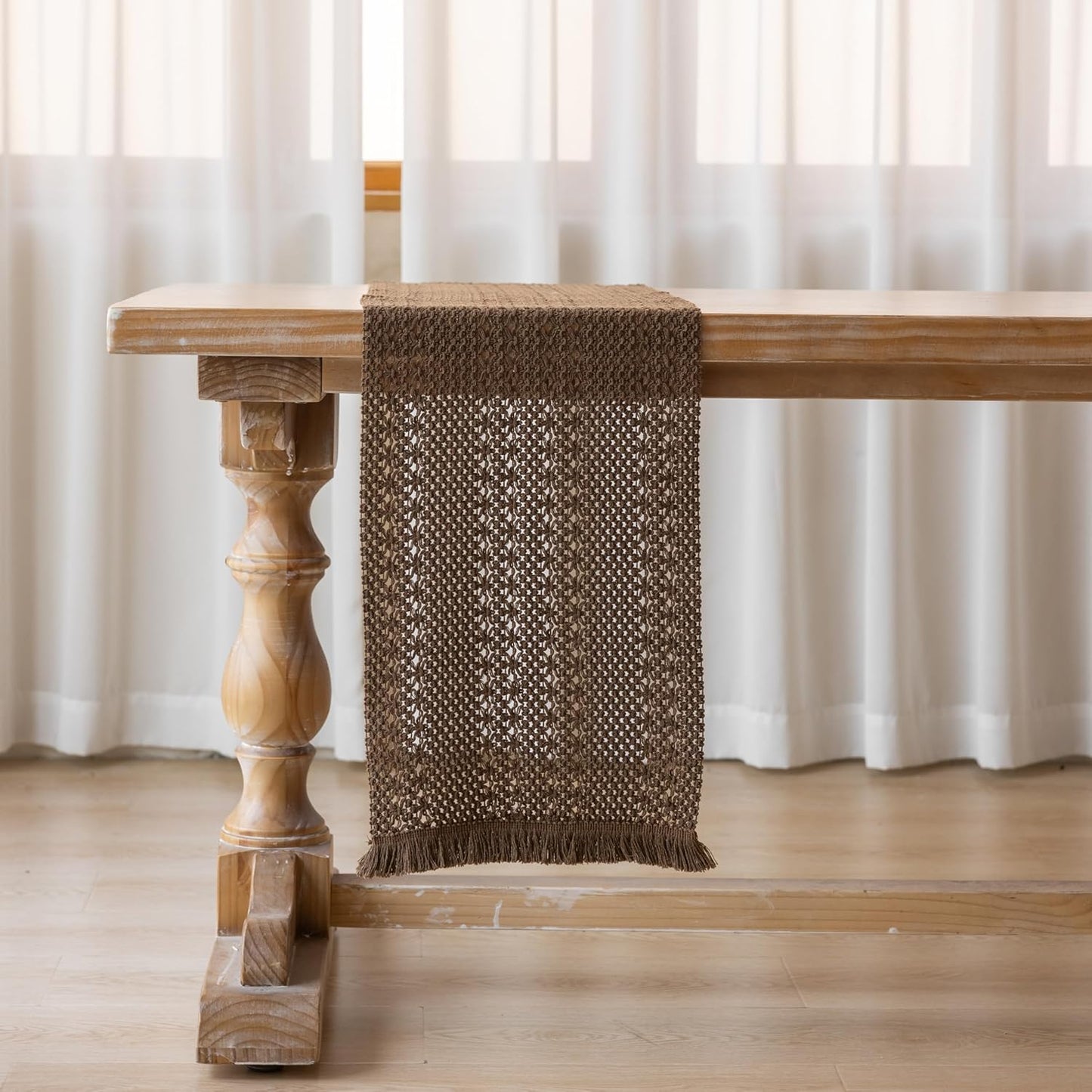 Boho Brown Table Runner for Home Decor 12x48 Inches Farmhouse Macrame Burlap Jute Rustic Dining Kitchen Centerpiece Bohemian Decor French Country Baby Bridal Shower Decorations
