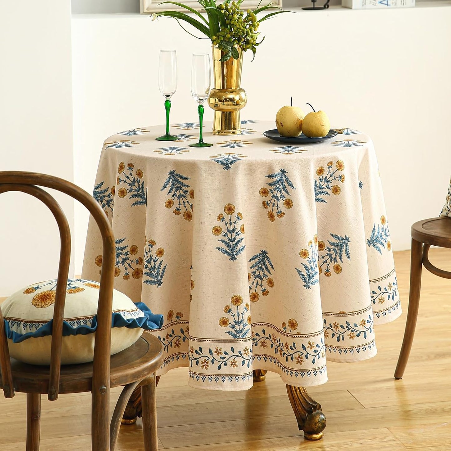 ISAENNE Designer French Pale Yellow Round Tablecloth,Linen Floral Table Cloth,Wrinkle Resistant Decor Tablecloths for Dining Thanksgiving Banquet Kitchen Party,Diameter 67"-Estevan A