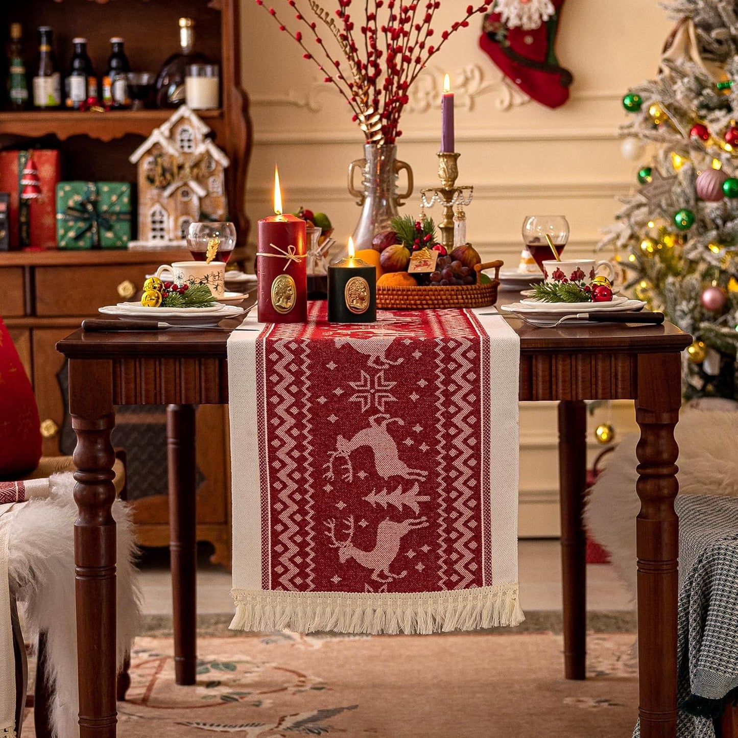 Table Runners 83 Inches,Elk Table Runner with Tassel Fringe,Christmas Table Runner for Party,Coffee Table, Festival
