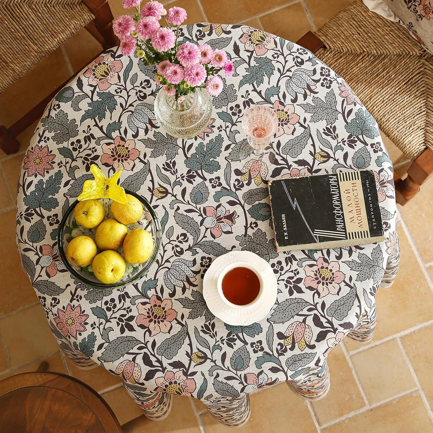 ISAENNE Designer Boho Floral Round Tablecloth,Linen Lotus Flower Pattern Colorful Indoor Table Cloth,Durable Decor Tablecloths for Dining Thanksgiving Kitchen Christmas,Diameter 67"-Hazel A