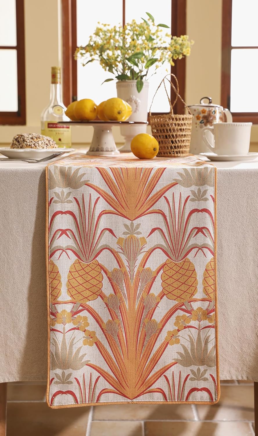 patdrea Designer Tropical Linen Table Runner 71 Inch Long, Yellow Vintage Elegant with Pineapple Pattern Table Mat,Decoration for Kitchen Dining Coffee Table Cover Banquet Christmas , 12"*71"