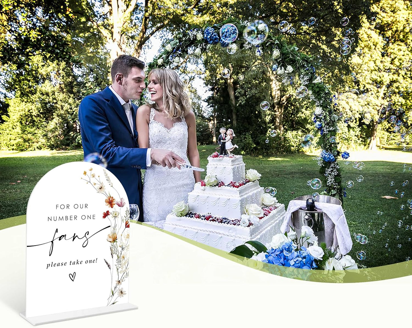 Boho Floral Wedding Fan Sign, 6 x 8 Inch White Arch Acrylic Wedding Sign with Holder, Wedding Sign for Ceremony and Reception, Wedding Decoration, Wedding Supplies - BX23