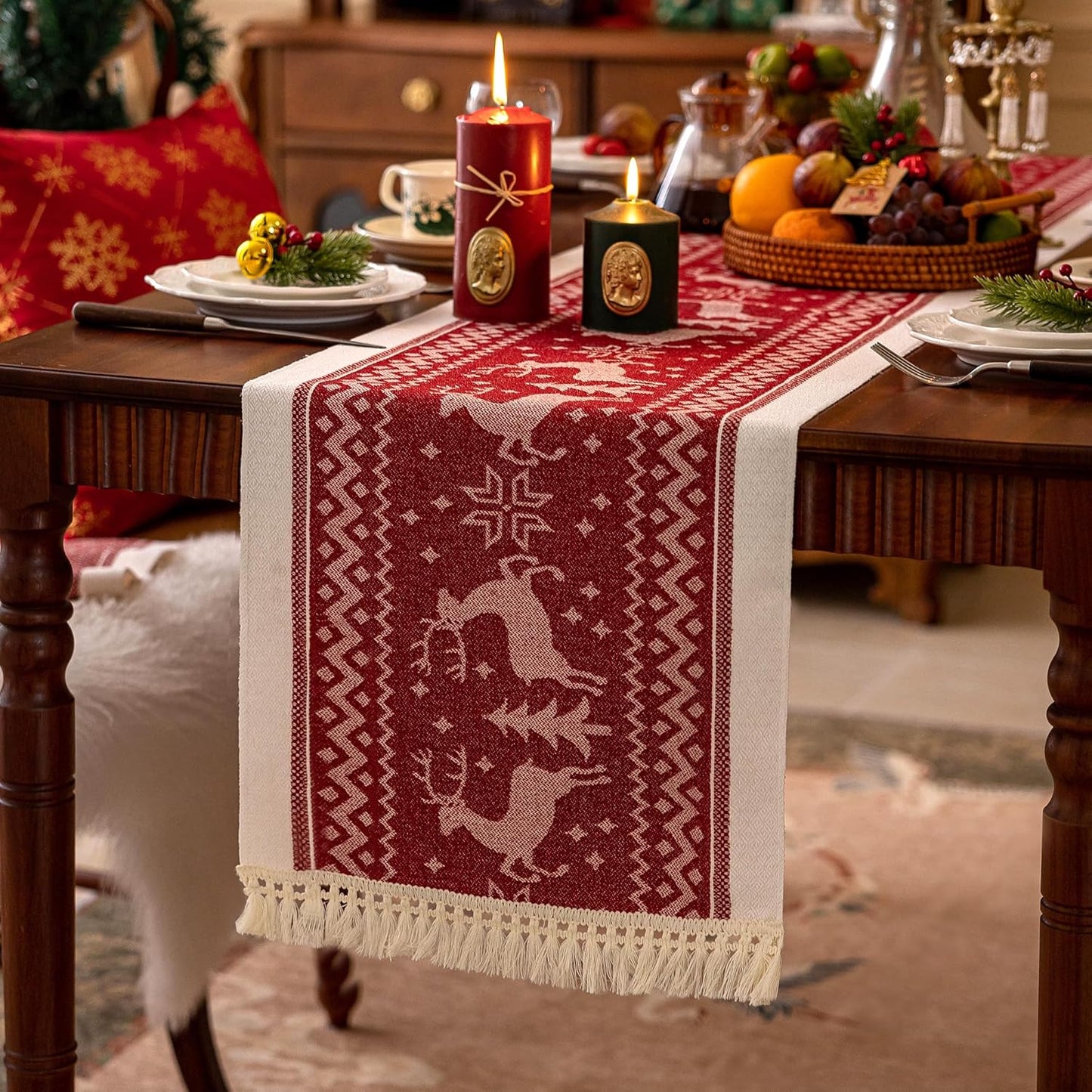 Table Runners 63 Inches,Elk Table Runner with Tassel Fringe,Christmas Table Runner for Party,Coffee Table, Festival