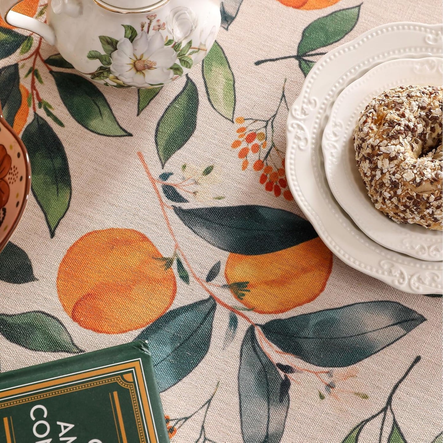 patdrea Designer Linen Round Table Cloth,Vintage Framhouse Oranges and Leaves Pattern Tablecloth,Decor Table Cover for Kitchen Dining Christmas,Thanksgiving,Tea Party,Diameter 67"-Palladin a