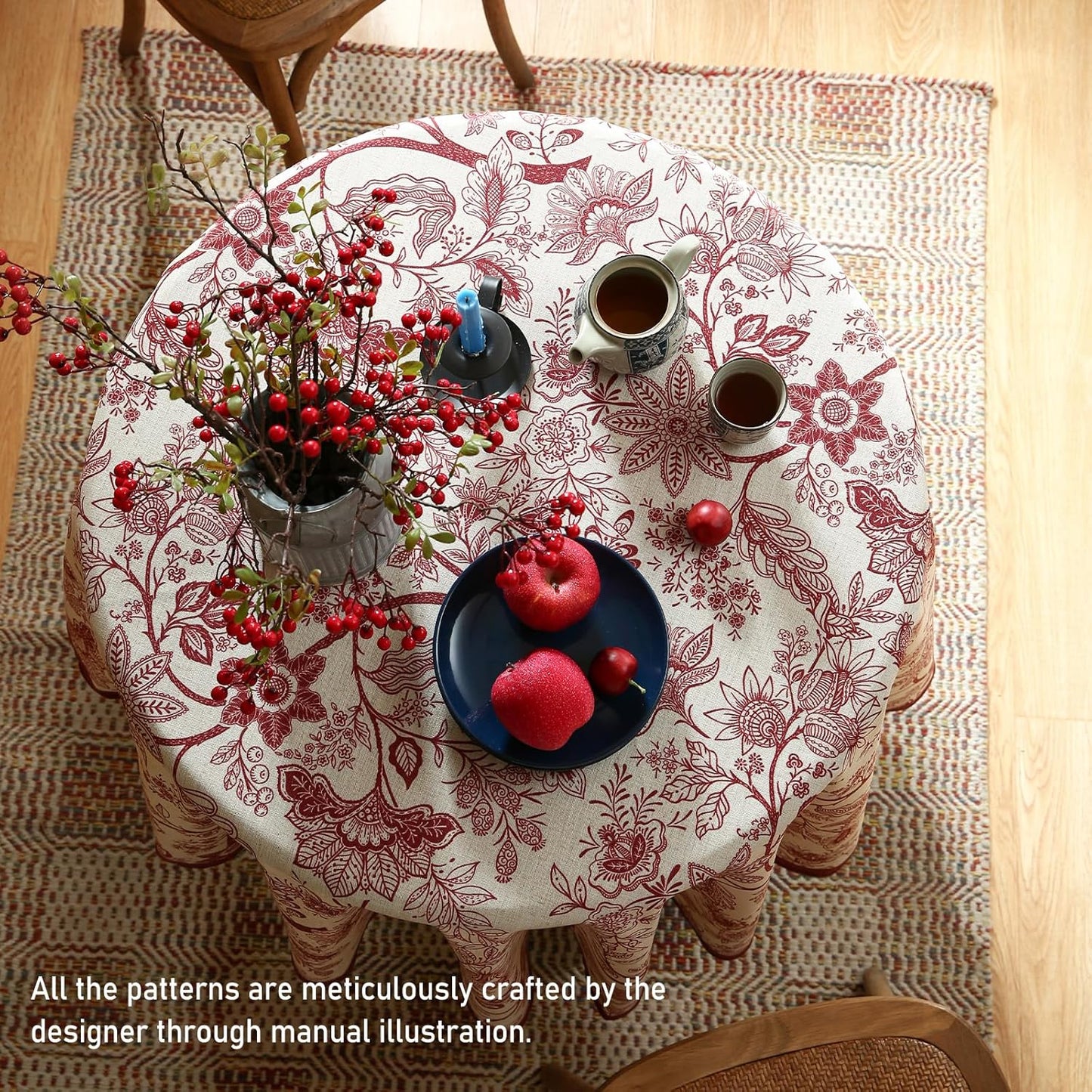 ISAENNE Designer French Linen Small Round Tablecloth,Red Floral Washable Indoor Table Cloth,Durable Home Decor Tablecloths for Dining Thanksgiving Kitchen Party Christmas,Diameter 55"-Ruyi A