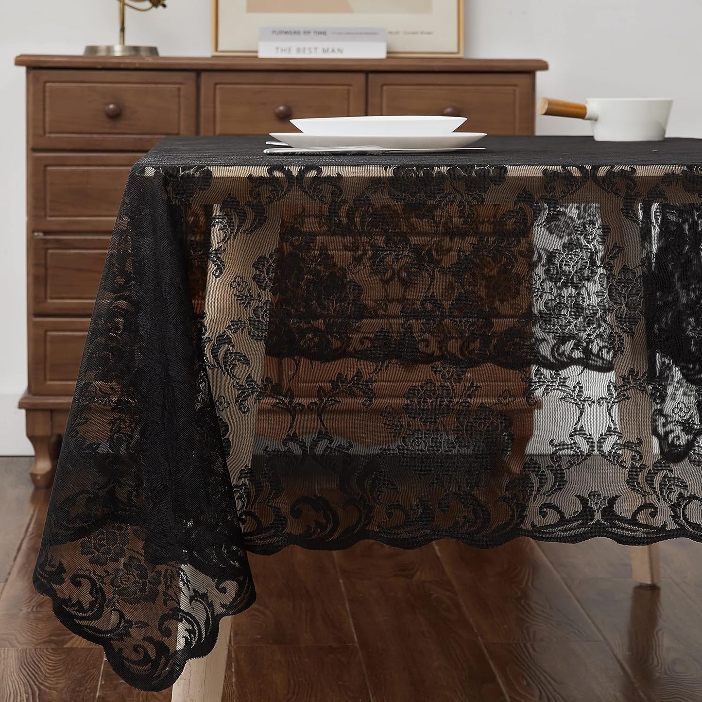 LinenZone Black Rectangle Tablecloth for Rustic Vintage Decor. Sheer Lace Tablecloth Works Great As Wedding Table Cloth or Christmas Table Cover (Mia TC 60 x 144, Black)