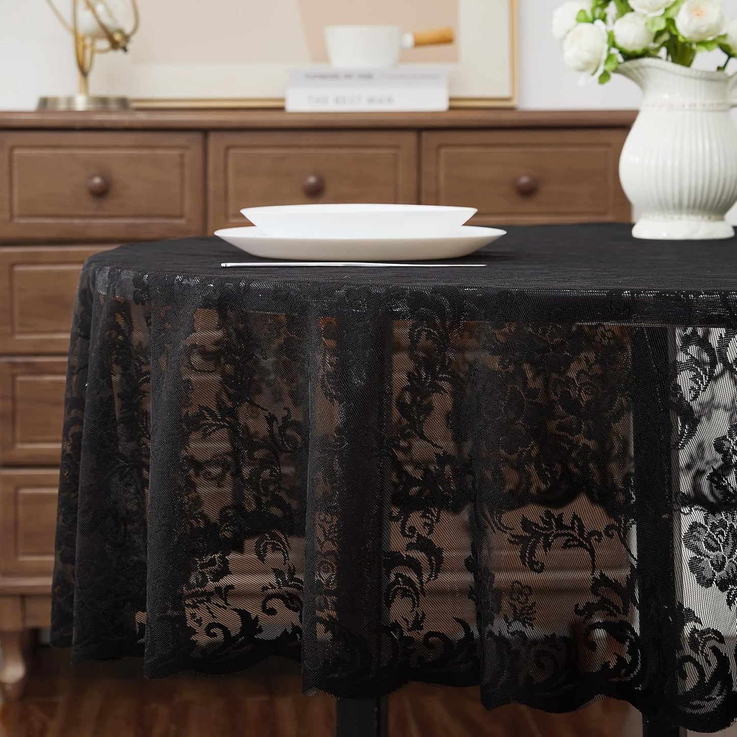 LinenZone Black Round Tablecloth for Rustic Vintage Decor. Sheer Lace Tablecloth Works Great As Wedding, Thanksgiving or Christmas Decor (Mia 48 Round, Black)