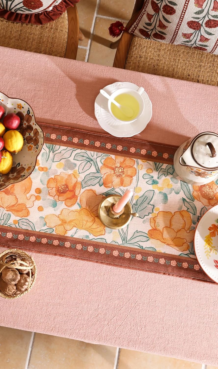 Designer Vintage Orange Floral Table Runner,French Farmhouse Soft Linen Table Runners 94 Inches Long,Decor Tabletop for Kitchen,Dining,Party,Tea Party,Christmas,16"*94"
