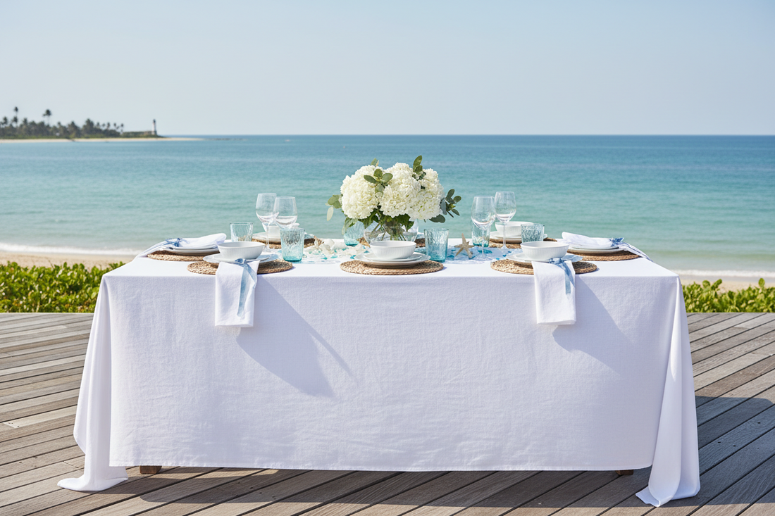  Elegant coastal table setting with white linen tablecloth, blue accents, and natural fiber placemats