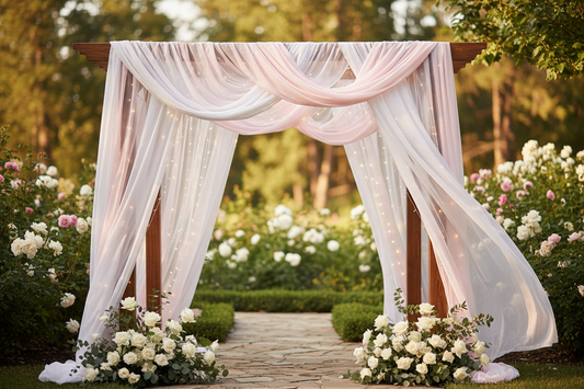 Romantic wedding ceremony arch elegantly draped with flowing white and blush chiffon fabric, accented with fairy lights and fresh roses in an outdoor garden setting