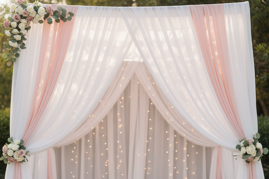 Elegant wedding backdrop with flowing chiffon draping and fairy lights