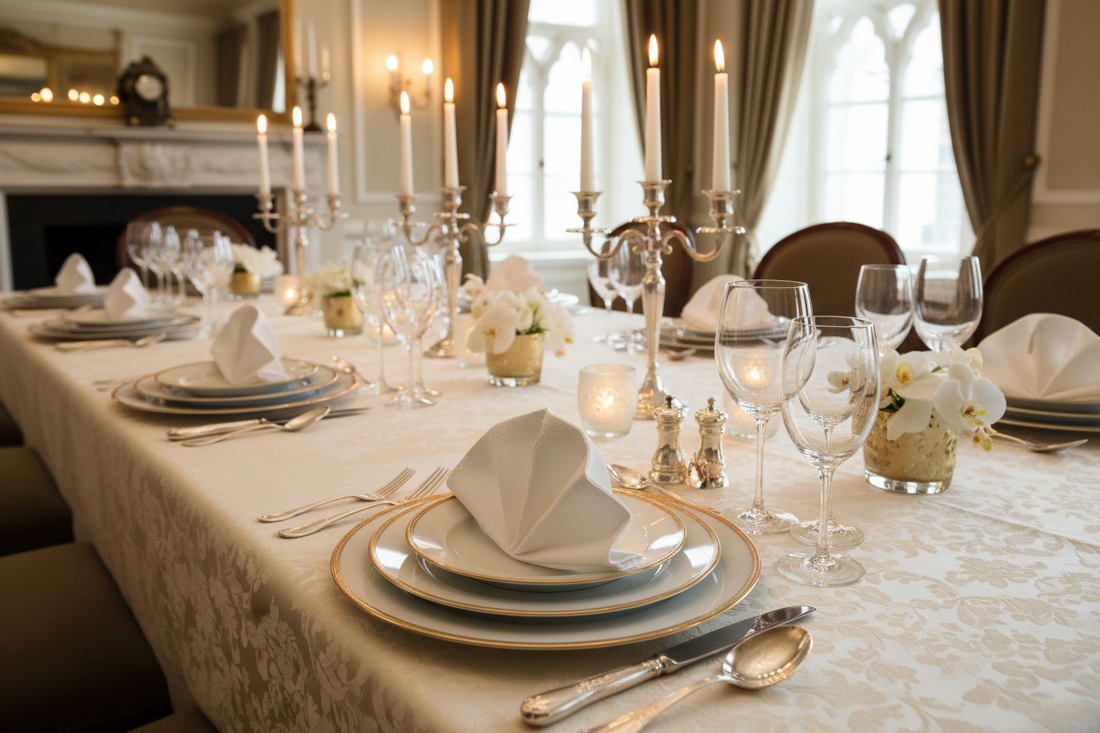  Elegant linen napkins beautifully folded on formal dinner table with fine china, crystal glassware, and candlelight.