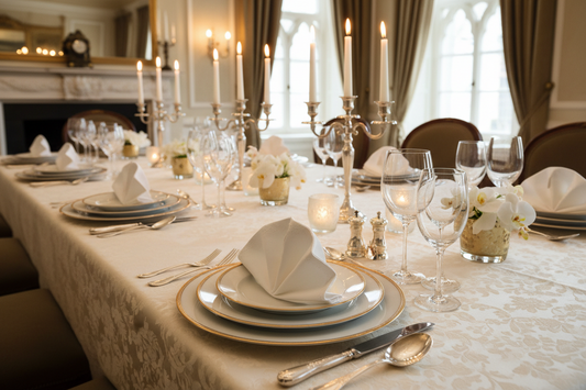  Elegant linen napkins beautifully folded on formal dinner table with fine china, crystal glassware, and candlelight.