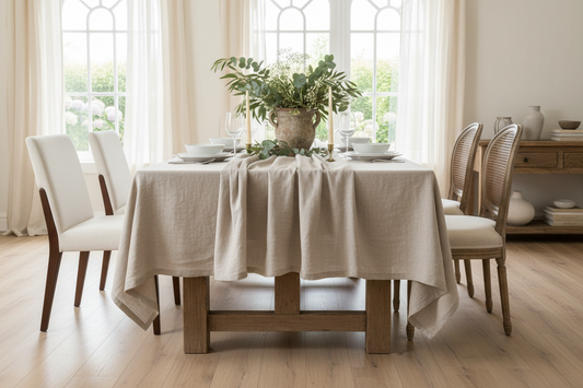 Elegant neutral beige linen tablecloth draped over wooden farmhouse dining table with white dinnerware and natural greenery centerpiece showing versatile decor styling