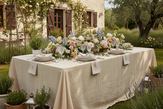 Elegant outdoor garden party table with premium ivory linen tablecloth and fresh flowers