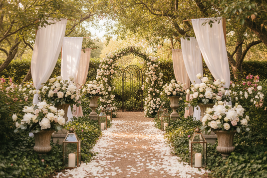 Elegant outdoor wedding aisle decorated with vintage lanterns, fresh florals, and flowing fabric in a romantic garden setting