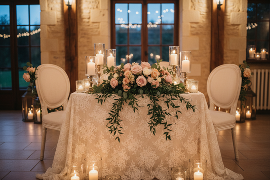  Elegant sweetheart table with vintage linen tablecloth and romantic candlelight