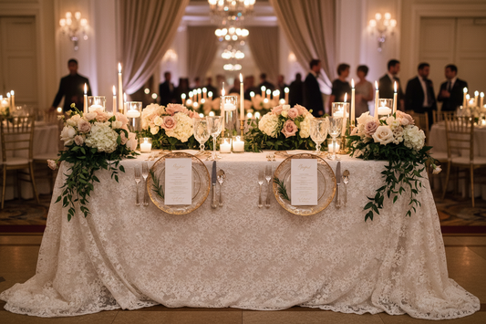  Elegant sweetheart table with vintage linen tablecloth, romantic florals, and candlelight at wedding reception