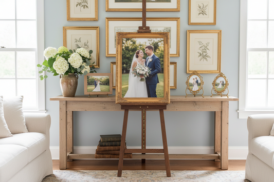 Elegant wedding photo display featuring multiple decorative easels on a console table with framed wedding portraits, vintage books, and fresh flowers in a French country farmhouse style interior