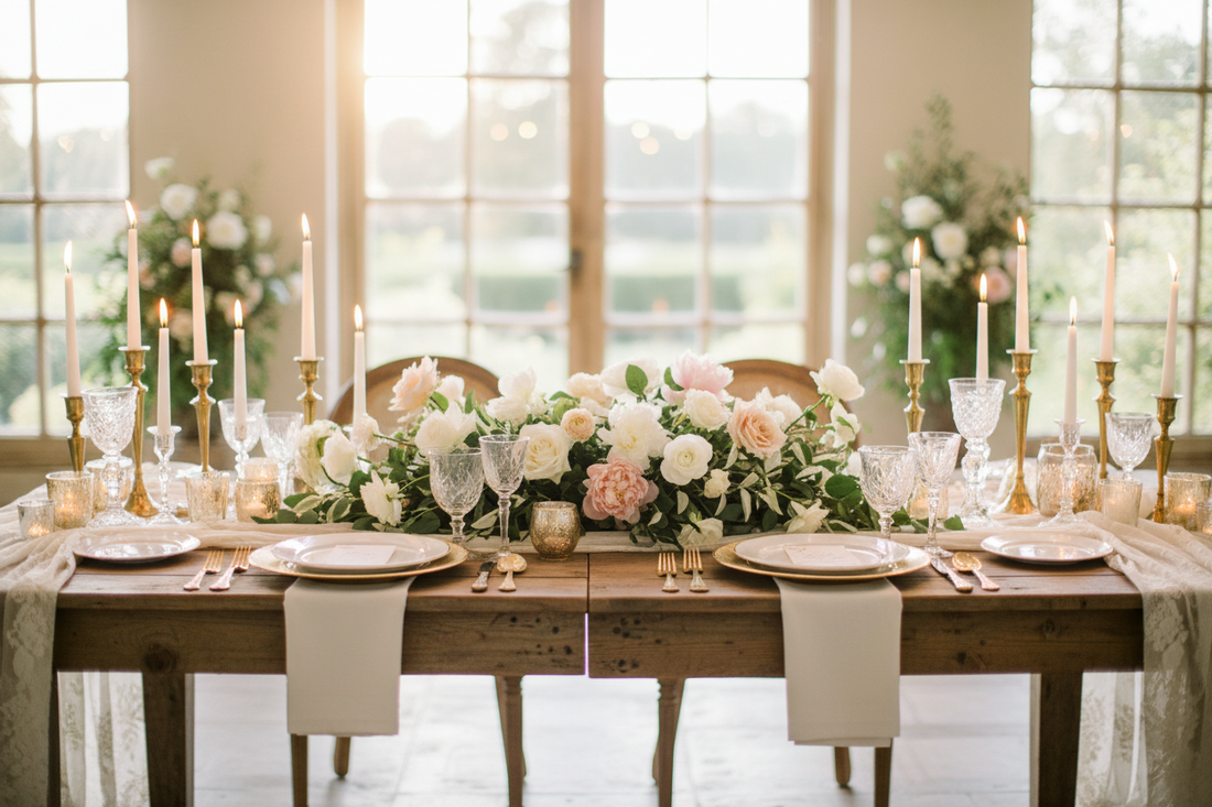 Elegant wedding reception table with vintage ivory linen runner, lace overlay, candlelight, white roses and eucalyptus centerpiece - French country farmhouse wedding decoration inspiration