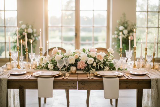 Elegant wedding reception table with vintage ivory linen runner, lace overlay, candlelight, white roses and eucalyptus centerpiece - French country farmhouse wedding decoration inspiration