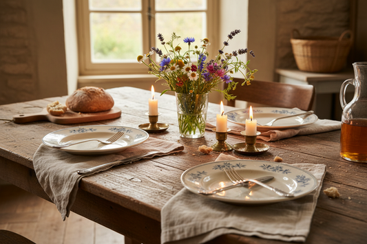 Elegant everyday linen table setting with natural linen napkins, vintage ceramic plates, and fresh wildflowers on a rustic farmhouse dining table
