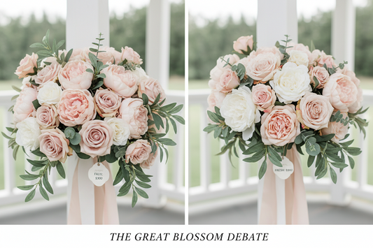 Side-by-side comparison of premium faux wedding flowers and real fresh flowers featuring bridal bouquets with roses, peonies, and greenery, illustrating the cost differences between artificial and natural floral arrangements for weddings