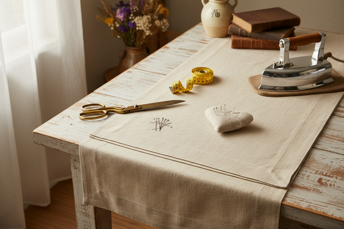 Neatly hemmed linen tablecloth with sewing supplies on wooden table