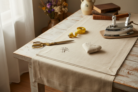 Neatly hemmed linen tablecloth with sewing supplies on wooden table