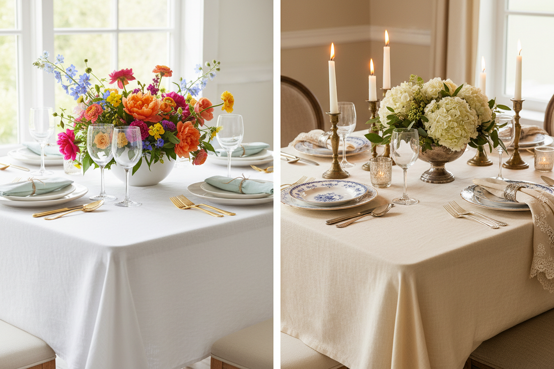 Side-by-side comparison of elegant white and ivory tablecloths with formal place settings