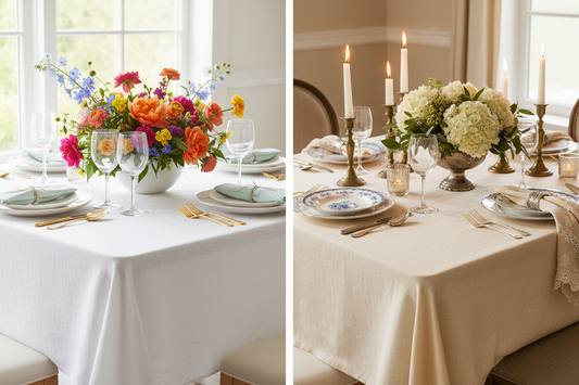 Side-by-side comparison of elegant white and ivory tablecloths with formal place settings