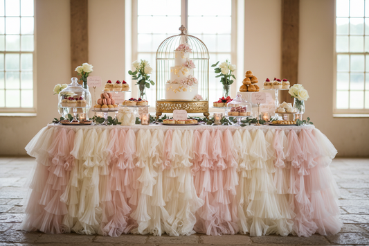 Luxurious dessert table with layered blush pink and cream chiffon table skirt at French country wedding