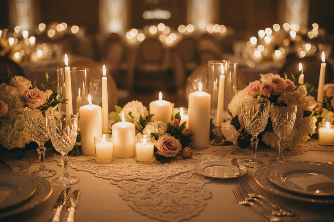 Elegant candlelit wedding reception with vintage linens and romantic table setting