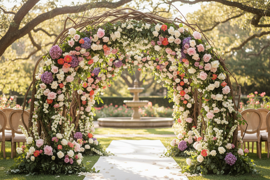 Elegant summer wedding arch decorated with pink peonies, white roses, purple hydrangeas, and lush greenery in outdoor garden setting