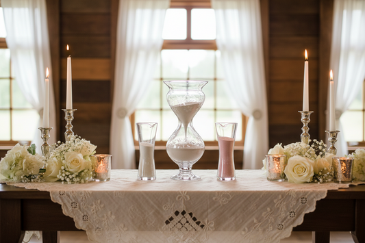 Elegant unity sand ceremony setup with three glass vessels on a linen-covered table, featuring white and blush pink sand, decorated with flowers and candles for a romantic wedding ceremony