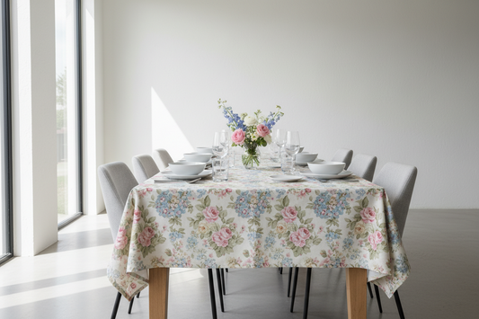 Vintage floral tablecloth styled on modern dining table with contemporary dinnerware